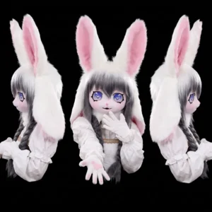 White & Gray Anime Bunny Fursuit – Fluffy Cosplay Costume with Big Blue Eyes