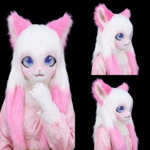 White & Pink Anime Bunny Fursuit – Cute Plush Cosplay Costume with Big Blue Eyes