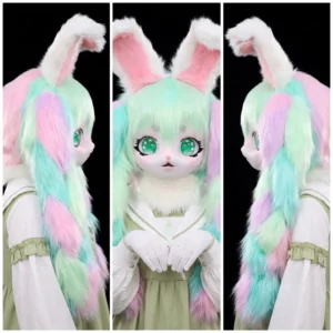 Mint & Pastel Pink Anime Bunny Fursuit – Fluffy Cosplay Costume with Big Green Eyes