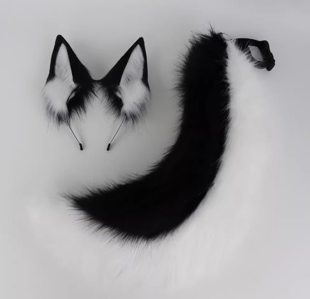 White & Black Fox Ears & Tail Set – Plush Cosplay Accessory