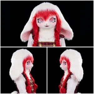 Red & White Braided Anime Bunny Fursuit – Cute Cosplay Costume with Fluffy Ears