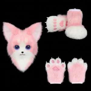 Pink & White Fursuit Set – Mask, Paw Gloves & Feet for Cosplay